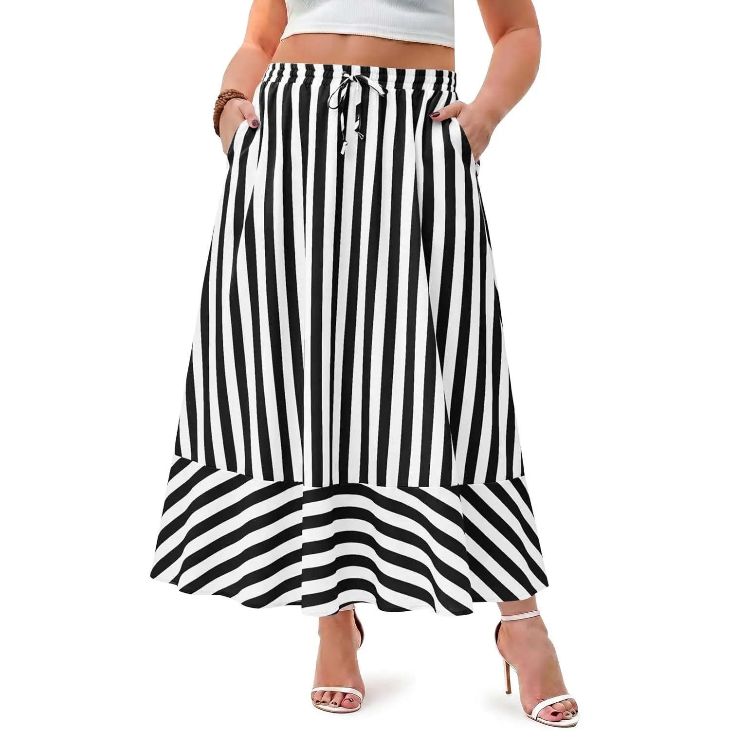 Tankaneo Women's Plus Size Casual Striped A-Line Maxi Skirt - Boho Adjustable Drawstring Elastic Waist, Drapey Flowy Fit, Beach Bottom with Pockets