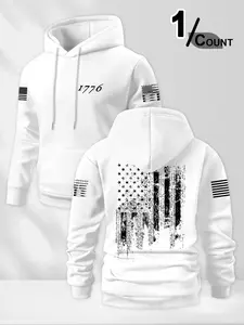 Men's Kangaroo Pocket Hoodie with Drawstring, American Flag Print Design, Casual Outdoor Sportswear for Fall & Winter