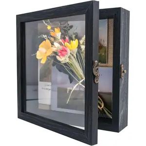 8x8  Shadow Box Frame Glass Door Display Case with Linen  and 6 Stick Pins,1.5 inches Interior Depth,Ideal for Memorabilia Pictures  Medals Tickets Rustic Black