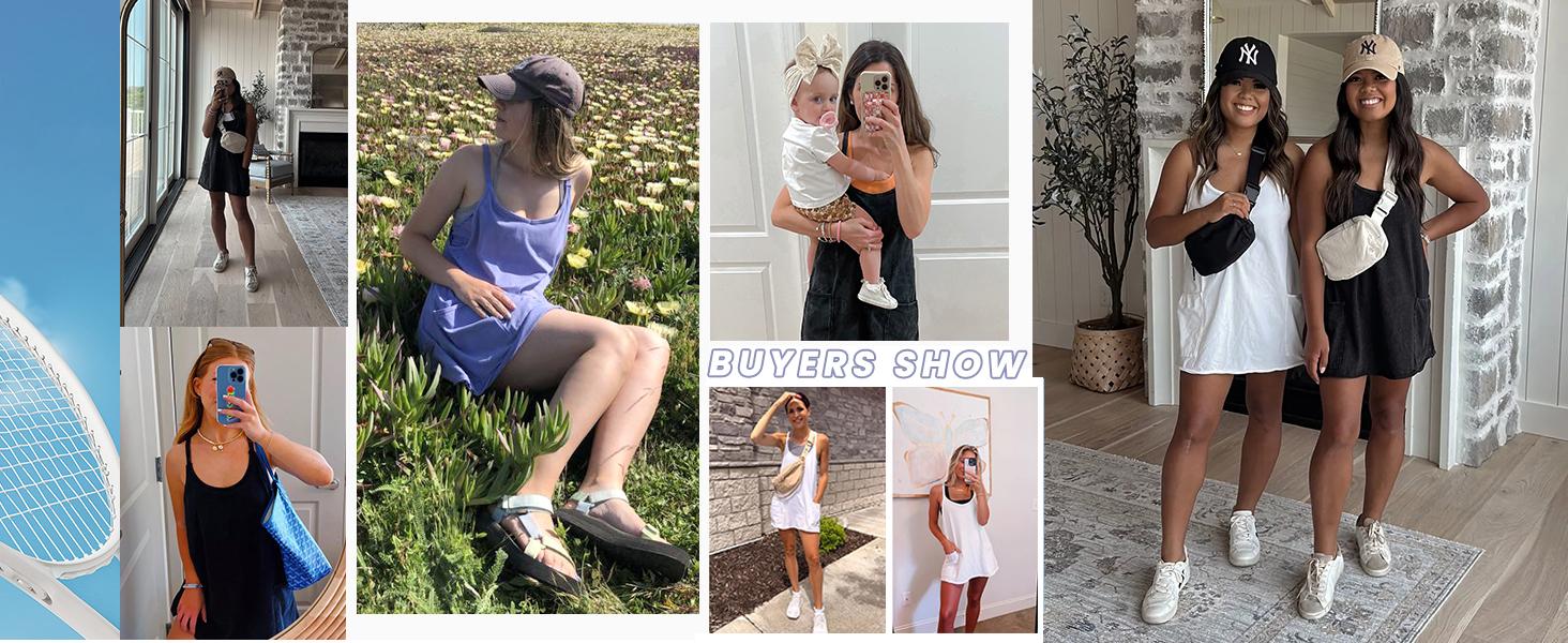 Women's Athletic Sleeveless Mini Dress with Built-in Shorts V Neck Spaghetti Strap Short Tennis Dress with Pockets Casual Mom Life Postpartum Style