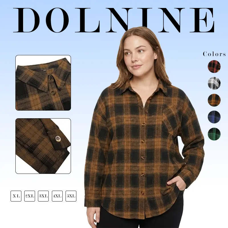 DOLNINE Women Plus Size Plaid Flannel Shirts Early Fall Button Down Long Sleeve Shacket Tops Oversized Blouses XL-5XL VPS0174