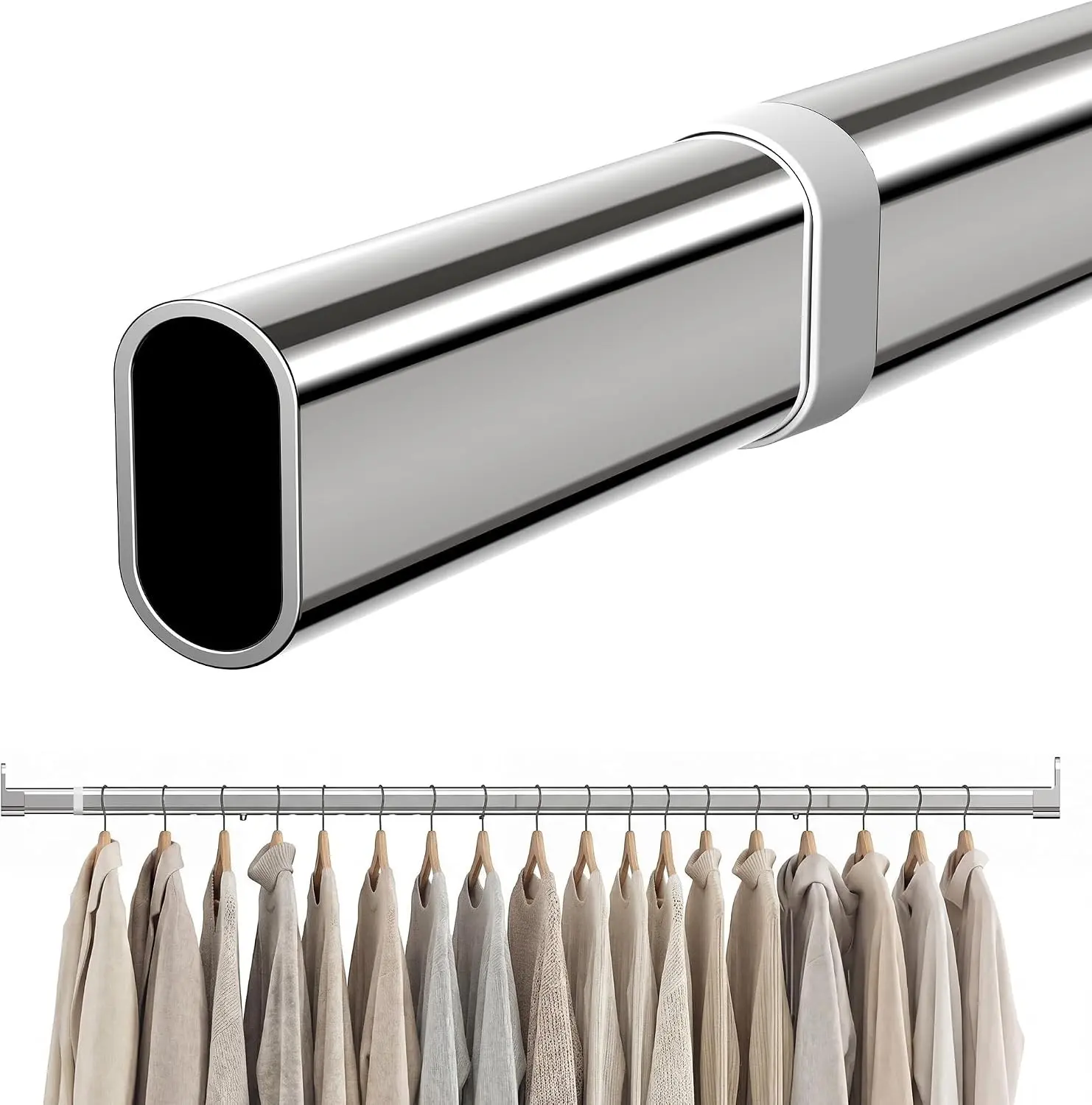 18-52 Inch Adjustable Heavy Duty Rust Proof Silver Closet Rod with End Supports for Hanging Clothes, Wardrobe, Laundry Room RV
