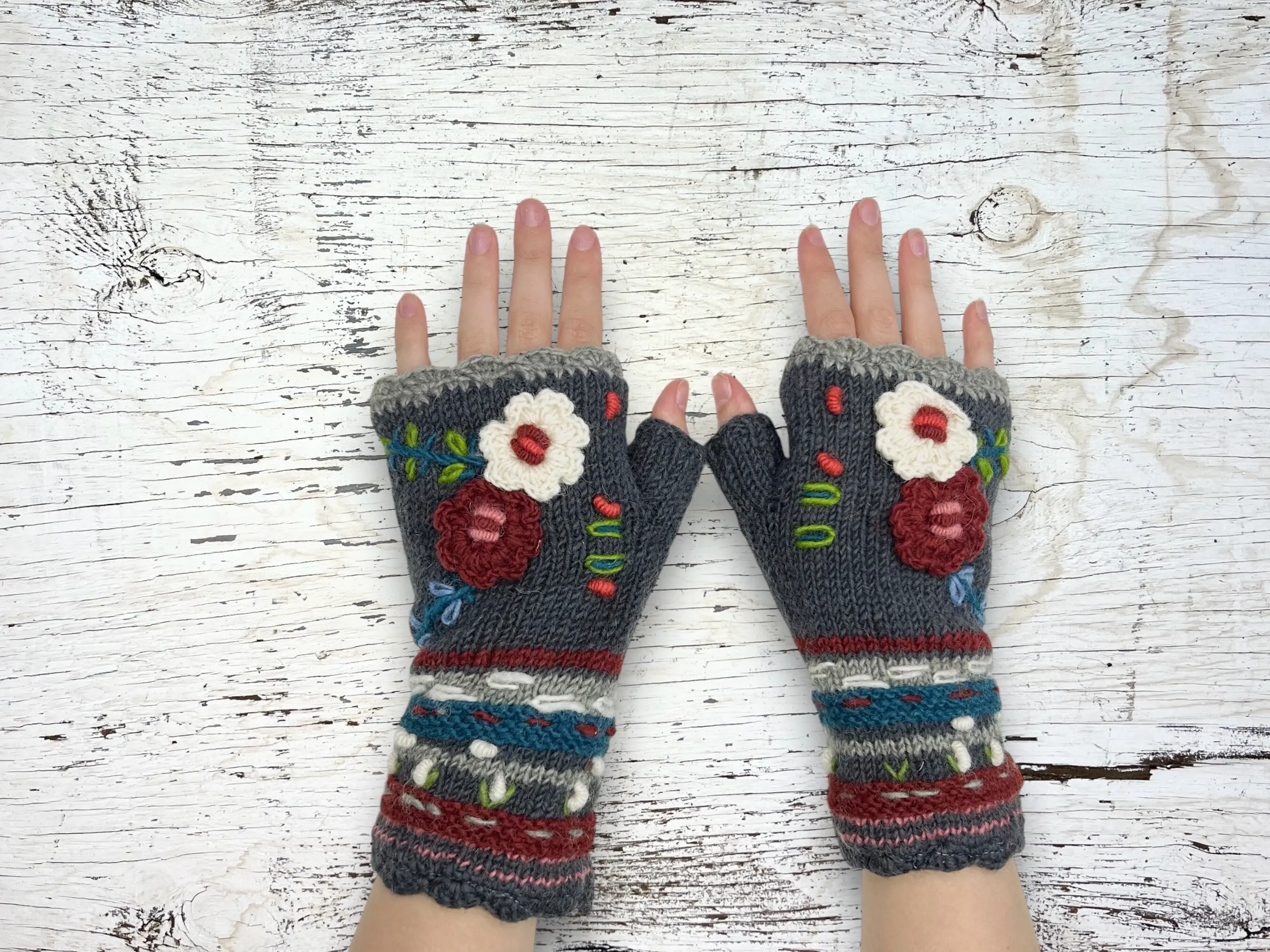 Hand Knit Gray Embroidered Flower Fingerless Gloves Wool Texting Mittens Fleece Lined Winter Women's for Her Christmas Birthday Gift