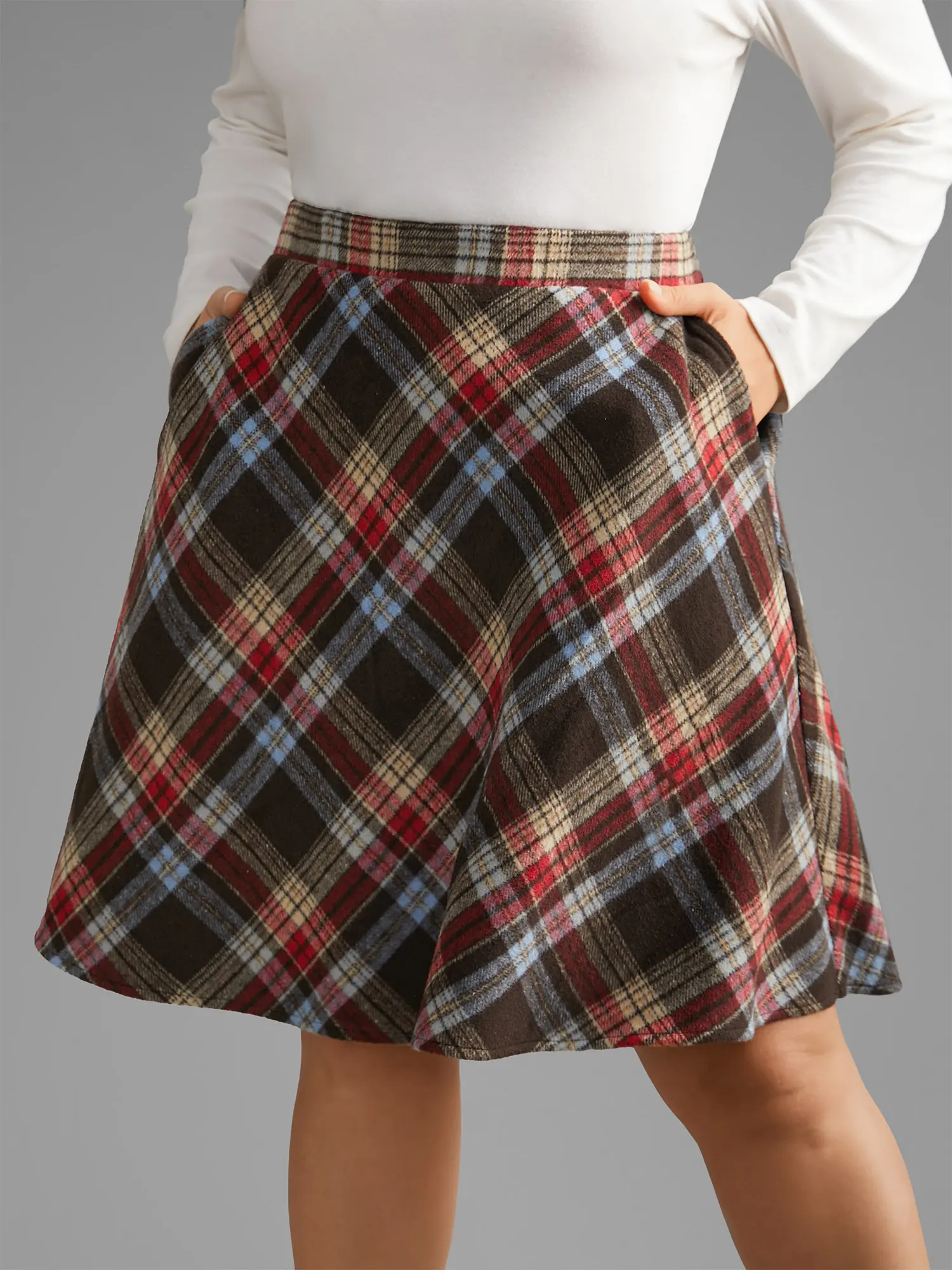 BLOOMCHIC Women's Plus Size Elegant Comfortable Preppy Style Fitted Plaid A-Line Midi Skirt - High Elastic B Waistline, Slanted Pockets, Polyester-Cotton-Rayon Fabric, Blue Bottoms, M-6X, Summerfinds, Plussize, Skirts For Women