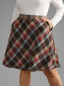 BLOOMCHIC Plaid Pattern Elastic Waist A-line Midi Skirt - Winter & Summer - Fitted - High Waist - Elegant Casual Preppy Style Non-Belt Closure Slanted Pocket 70% Polyester 25% Cotton 5% Rayon - Womenswear Bottoms Palda - Blue Elegance Fabric Short Smooth