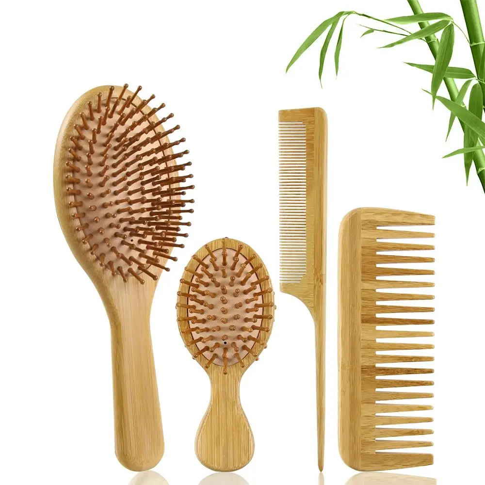 Bamboo Hair Makeup Brush, 4 Counts/set Natural Bamboo Comb Paddle Detangling Hairbrush & Wide Tooth & Tail Comb, Smoothing Hair, Hair Detangling Styli