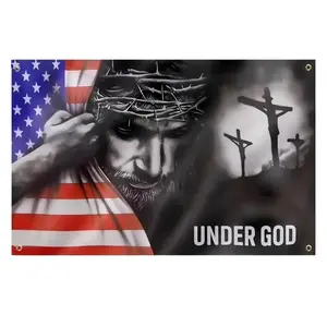 Under God Pattern 3x5Ft American Flag Tapestry for Room Decor Outdoor Decorative Banner Home Party Festival with 4 Bass Grommets