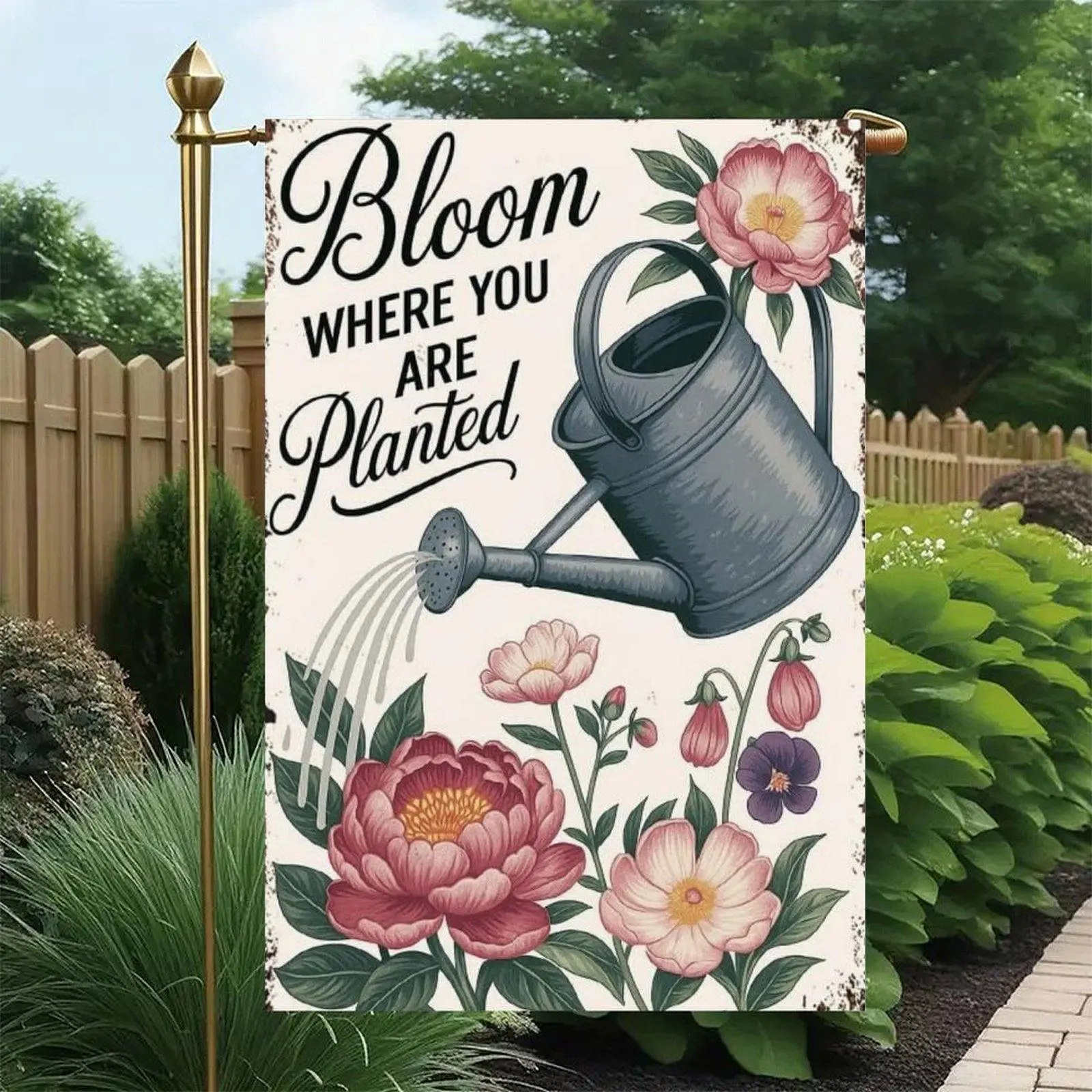Bloom Where You Are Planted Vintage Metal Watering Can Peony Tulip Floral Gardening Quote Garden Flag Double-Sided 12x18in, Plant Lover Farm Outdoor Banner