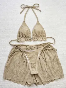 Three-piece Set Women's Solid Color Bikini Set, Casual Fashion Chic Swim Top & Swim Bottom & Cover Up Shorts Set for Beach Holiday Vacation, Ladies Swimwear for All Seasons, Bikini Top Shorts Combo, Beach Bathing Suit