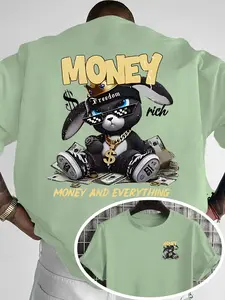 Men's Casual Short Sleeve T-Shirt, Rich Rabbit King Design, Money Lettering, Loose Fit, Polyester Fabric