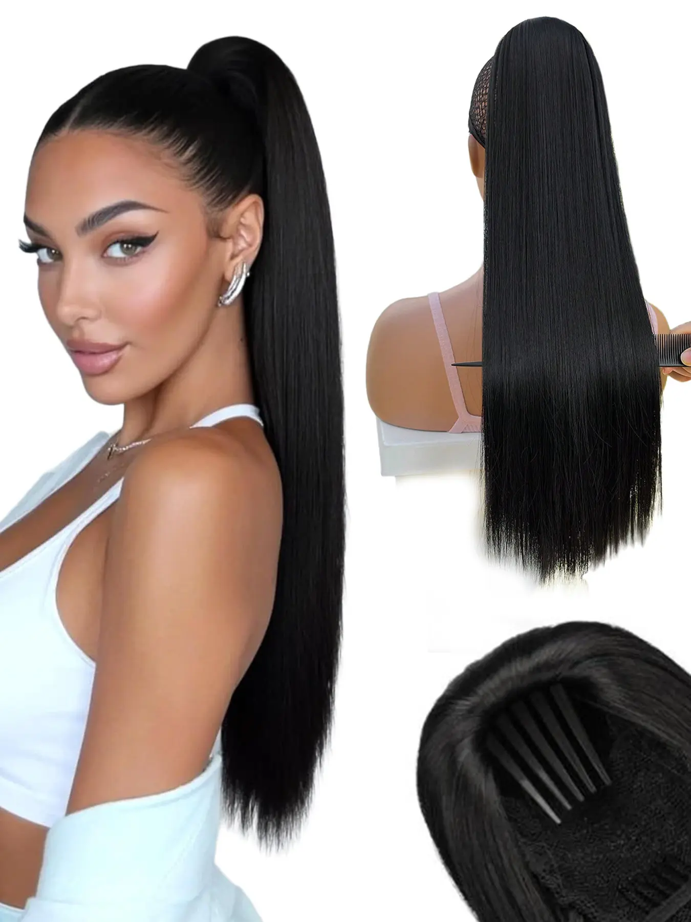 Black Straight Drawstring Ponytail Extension 26 Inch Long Straight Drawstring Ponytail Extension Natural Looking Fluffy Soft Synthetic Cheer Posh Pony Tails Hairpieces Daily Party Straight Ponytail Extensions