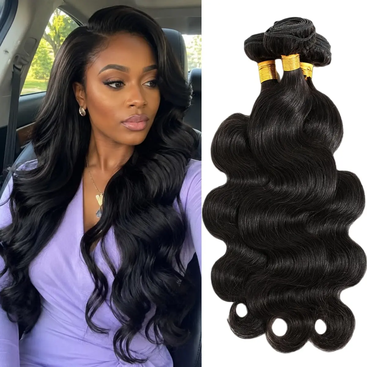 Human Hair Bundles 3-Pack – Natural Black Straight, Body Wave & Deep Wave Hair Weave, Soft Silky Weft Extensions, Full Volume, Thick Ends, Natural-Looking Shine for Sew-In & Daily Wear
