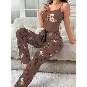 Women Cartoon Bear Camisole Top And Pants Pajama Set, Lounge Set Fabric Fit