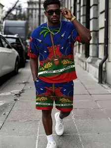 Men's Haiti Emblem Blue Background Summer Casual Printed Tee and Track Shorts Set, Polyester Fabric, Buttonless Design