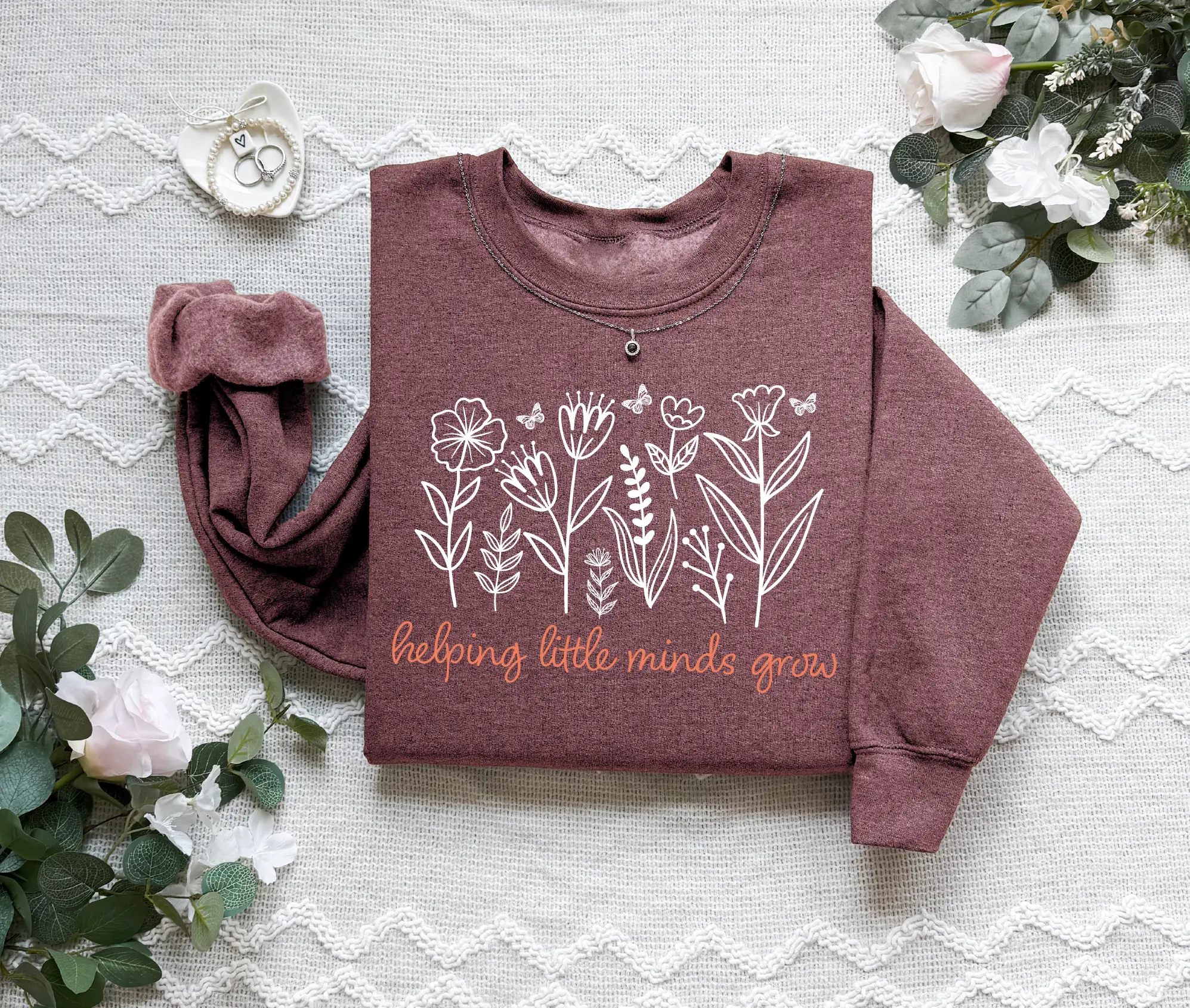 Helping Little Minds Grow Teacher Sweatshirt, Boho Floral Teacher Pullover, Cottagecore Educator Shirt, Kindergarten Teacher Crewneck, Cute Teacher Top, Educator Gift, Back to School Gift