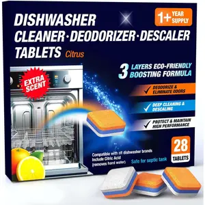Dishwasher Cleaner Deodorizer Descaler Tablets - 28 Tabs - 1 Plus Year  - Extra Scented Deep Cleaning Sanitizer Pods - Remove Hard Water - Contain Citric Acid Heavy Duty Septic Safe - Citrus