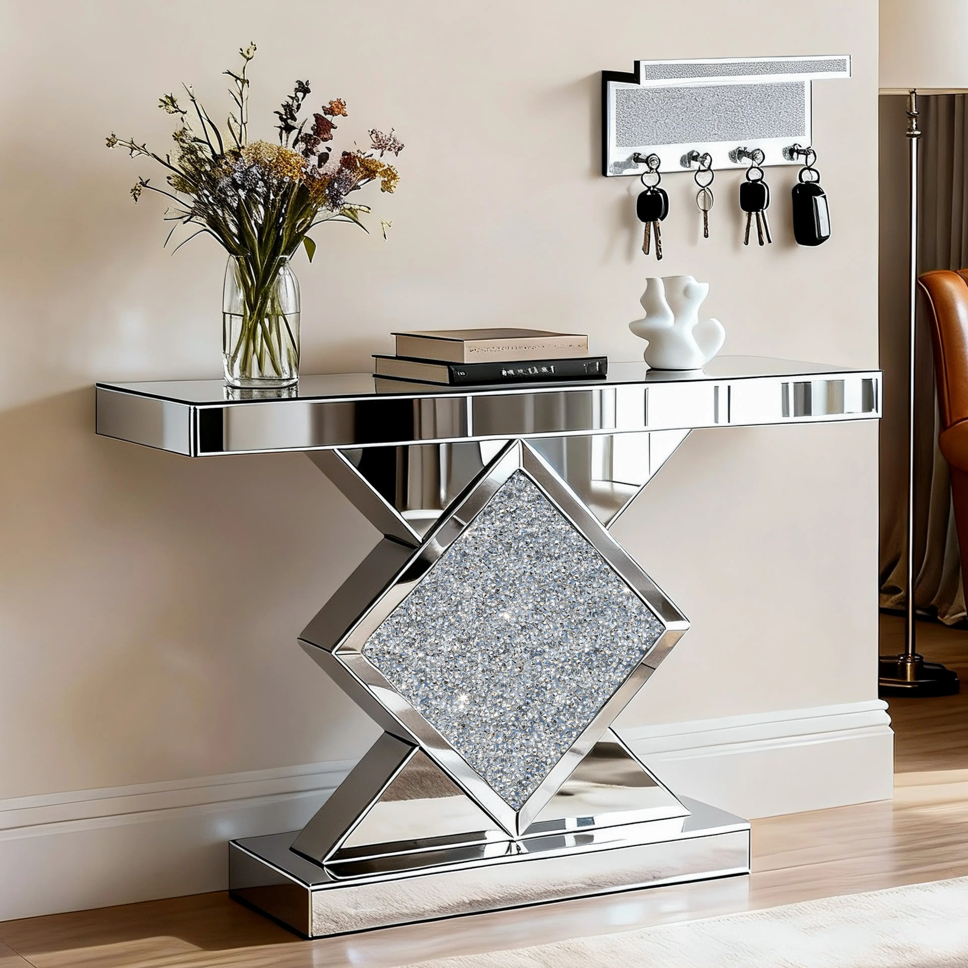 SHYFOY Glam & Elegant Style Rectangle Glass Top Pedestal Console Table - Indoor Entryway Living Room Furniture for Small Spaces, Easy to Assemble, Compatible with Table Lamps