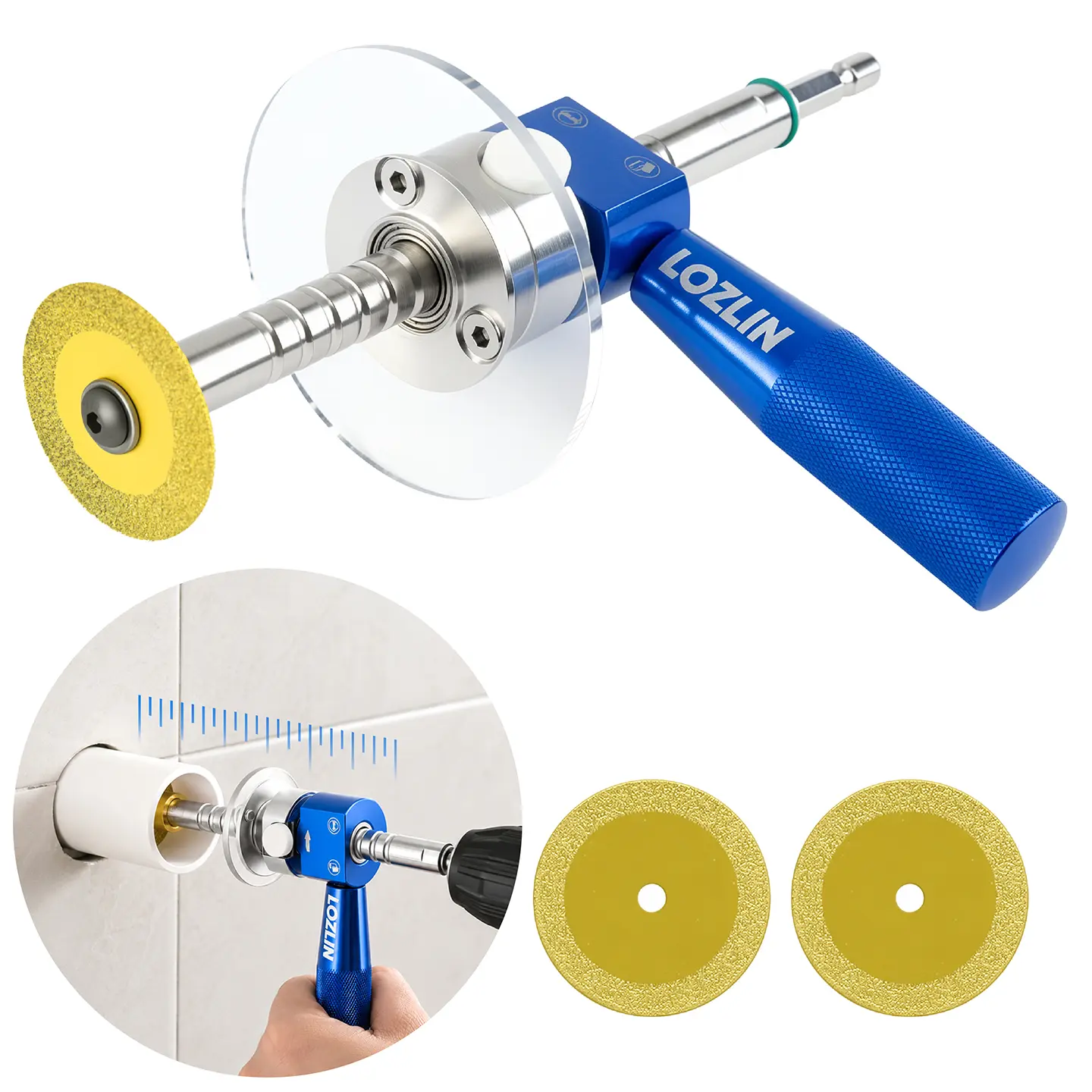 LOZLIN PVC Pipe Inside Cutter with Diamond Grit Wheel, Upgraded Aluminum Alloy Body, Adjustable 4" Cutting Depth, Fits 1.5"-8" Pipes, 1/4" Hex Shank for Drills & Impact Drivers