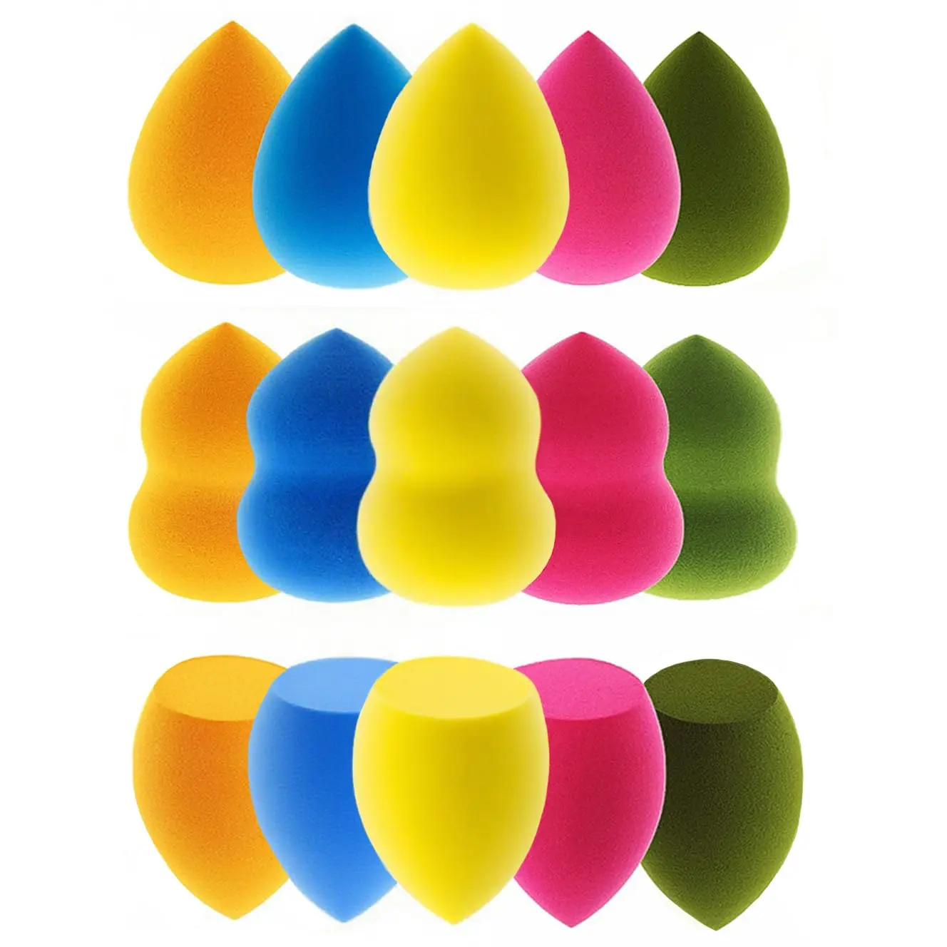 15-Piece Soft Makeup Sponges Set - 3-Shapes, Multi-Colored Blenders for Liquid, Cream, Powder Foundation & Concealer (Orange, Navy Blue, Yellow, Rose Red, Matcha Green)