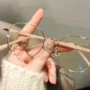 Female Non-Prescription Elegant Round Frame Glasses - 1 Piece, Gold & Off-White Metal, Full Edge, Angular Geometric Double Beam, Suitable for Computer & Gaming Use photochromic