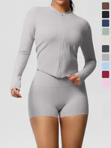 Two-Piece Set Women's Solid Zip Up Crop Jacket & High Waist Shorts Tracksuit Set, Sporty Casual Exercise Activewear for Yoga Gym Workout Running, Ladies Sportswear for All Seasons