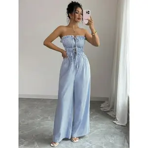 Women's Summer Casual Striped Bandeau Wide Leg Jumpsuit