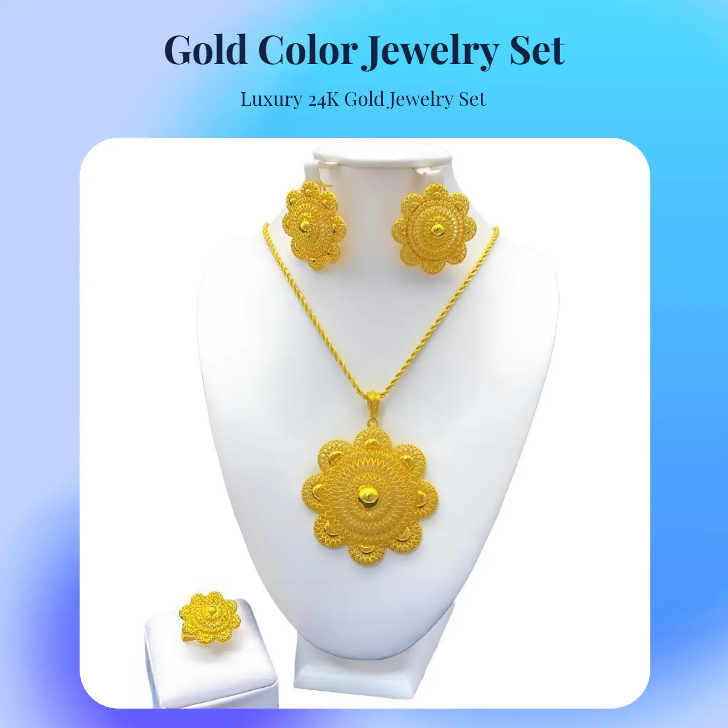 24K Gold Plated Filigree Statement Jewelry Set Necklace Earrings & Ring Luxury Wedding & Party Accessory