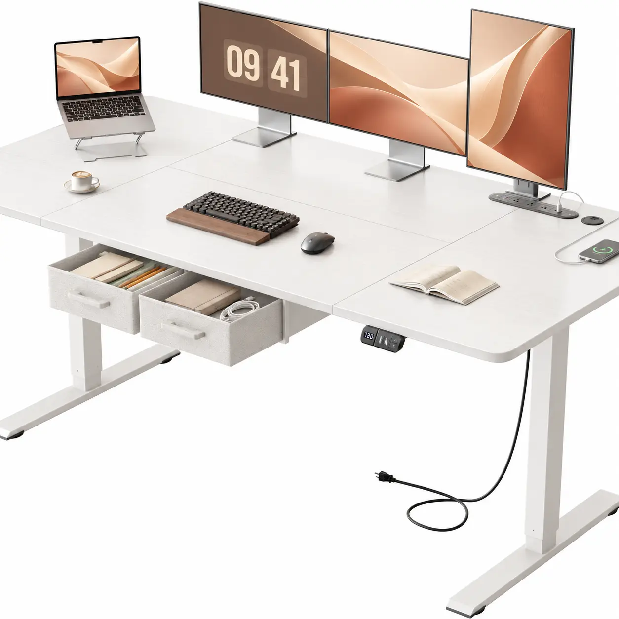71in Electric Standing Desk , Simple White Workstation with Built-In Power Outlets & 2 Storage Drawers, 31.5" Wide Tabletop Supports up to 176lbs, 28"-46" Adjustable Height, 2 Height Memory Presets, Cable Organizer System,  Home Office & Gaming