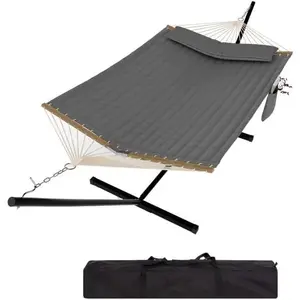 2 Person Outdoor Hammock with Stand, Portable Hammock, Heavy Duty Hammock with Carrying Bag, Soft Pillow, Balance Ropes, for Patio, Backyard, Garden, Beach, Dark Gray
