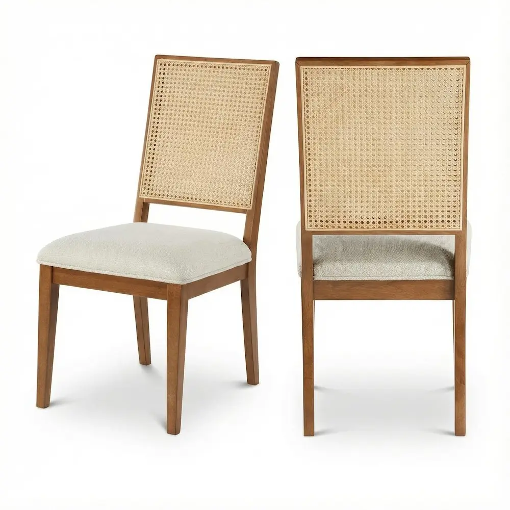 Walnut Linen Textured Dining Chair Set of 2 with Mid-Century Backrest