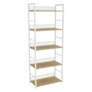 5 Tier Bookshelf, Tall Narrow Bookcase with Metal Guard Panels, Industrial Wood and Metal Display Shelf, Freestanding Storage Rack for Bedroom, Living Room, Home Office