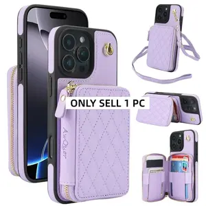 Fashionable Quilted Pattern Zipper Phone Case with Card Slot & Hand Strap, PU Leather Phone Cases for iPhone 17 Pro Max 17 Air  16 Pro Max 15 Plus 14 Plus 13 12,11 Cover