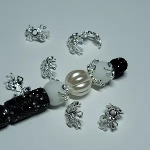 Silver Alloy Metal Bow Bead Caps, 16MM Shiny Rhinestone Beading Accessories for Beaded Jewelry - 10 Pack