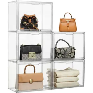 Purse Organizer for Closet, 5 Pack Acrylic Display Case for Purse Handbag, Stackable Purse Boxes with Door for Collectibles, Wallet, Cosmetic