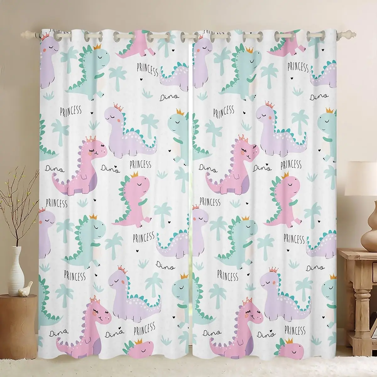 Dinosaur Window Curtains Pink Purple Dinos Curtain Panels Cartoon Window Drapes Series Lovely Cute Animals Window Treatments Room Living Room Decor 38W x45L