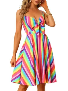 INSPIRE CHIC Summer Casual Beach Sundress V Neck Tie Front Rainbow Spaghetti Strap Dress