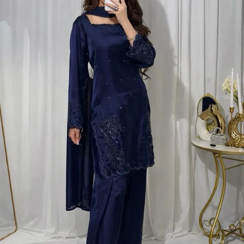 Farshi Salwar Suit - Soft Raw Silk 3-Piece Stitched Ensemble with Embroidered Details in Elegant Navy Blue and Maroon Color