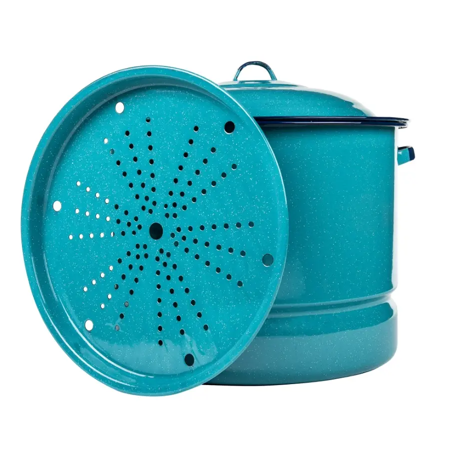 34-Qt Enamel-on-Steel Cookware Steamer Pot with Lid, Trivet, and Easy-to-Clean Design, Blue