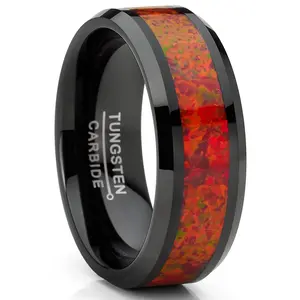 Men's Red Fire Crushed Opal Tungnsten Wedding Band Ring Black 8MM Comfort-Fit