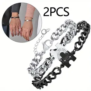 Stainless Steel Personalized Couples Bracelets Set for Men & Women - Long Distance Relationship Gifts, Puzzle Heart Design, Adjustable, Waterproof, Durable Jewelry for Anniversary, Party Supplies, Personalized Couples Bracelet