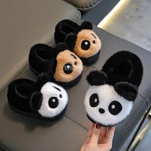 New1 Pair Boys Girls Winter Slippers - Plush Panda House Shoes with Soft Fabric Upper & Non-Slip PVC Sole, Cute Panda Face Design (Black/White/Beige) - Warm Indoor Footwear for Toddlers Kids - Birthday/Christmas Gift Idea
