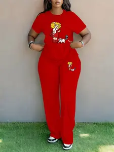 Women's Casual Cute Cartoon Girl Printed Short Sleeve Top & Wide Leg Pants Set, Fitted Large Size Two-Piece for All Seasons