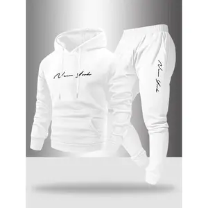 Men's Fall Winter Casual Sportswear Set, Sweatsuit with Pockets, Fashion Artistic Letter Print Hoodie & Drawstring Pants, Comfortable Warm Two-Piece
