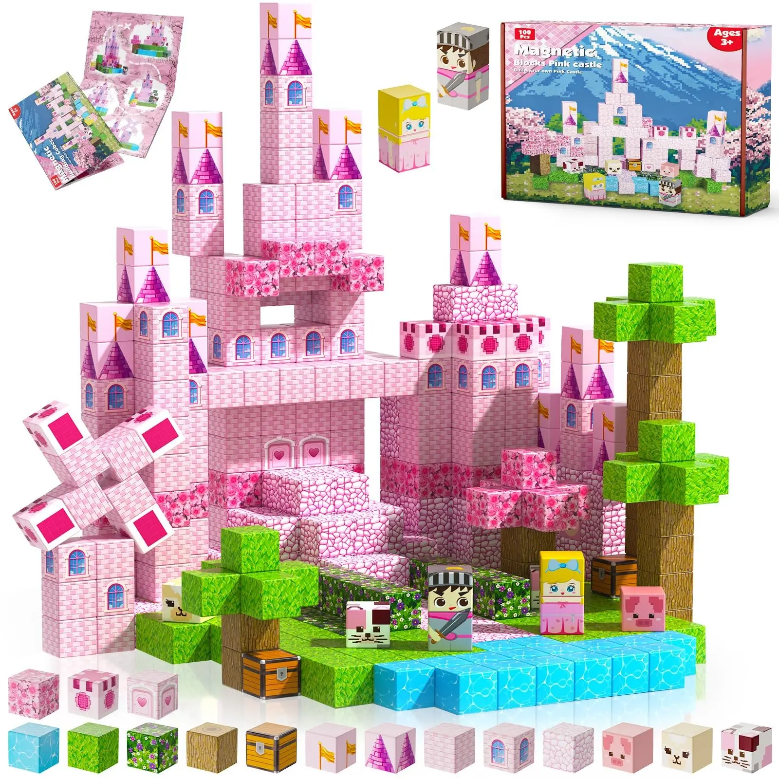 100 Pieces Magnetic Building Blocks, DIY Cube Set, Sakura Snow Castle Theme, Educational Toys, Creative Building Set, Magnetic Construction Set, Perfect Choice for Children's Birthday Gifts