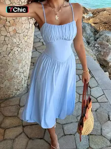 Pure Color Casual Vacation Style Backless Midi Dress, Spaghetti Strap Sleeveless Fitted Design, Plain Pattern, Perfect for Summer Holidays, Womenswear, Elegance