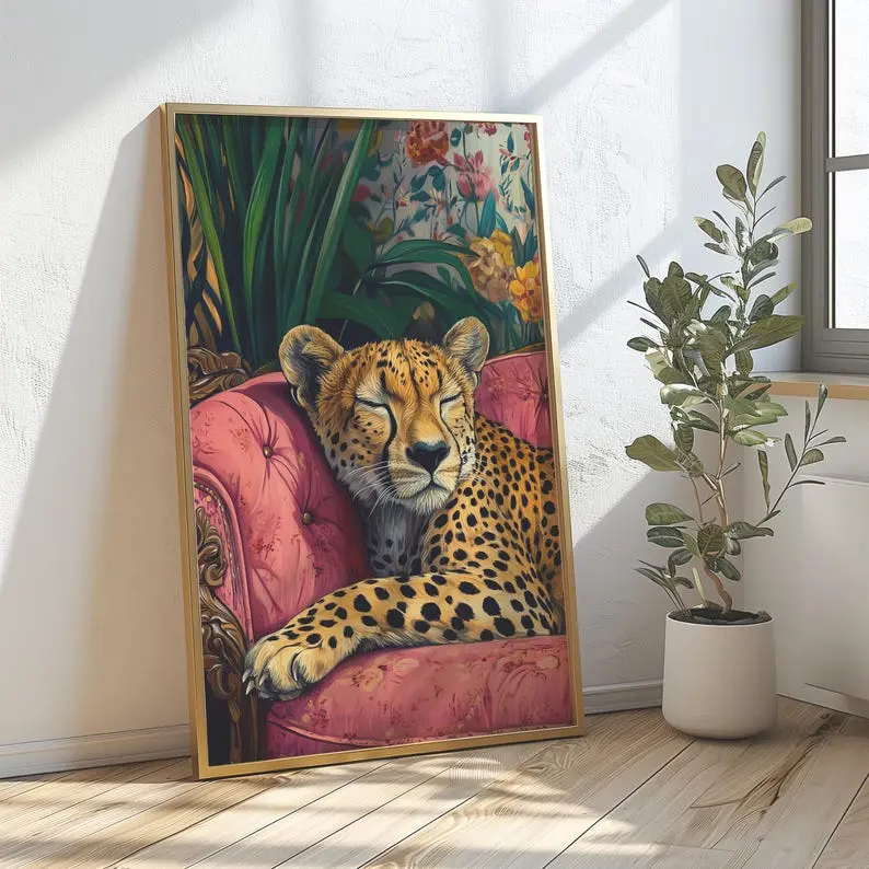 Cheetah Wall Art Print - Luxury Cheetah Sleeping Print, Boho Wall Art, Cheetah Print, Maximalist Decor
