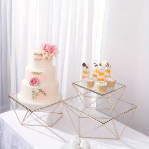 3-piece Set Gold Metal Geometric Stackable Cake & Dessert Stand Base with Square Plastic Top for Halloween Kitchen Accessories 90s  christmas  decor bonnets  women Acrylic Buffet Risers
