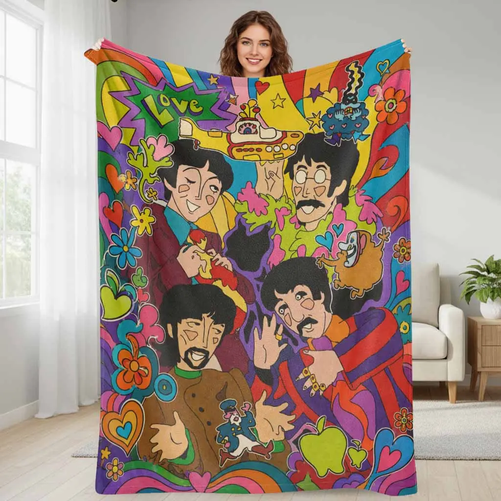 Retro Psychedelic Rock Band Flannel Throw Blanket - Colorful Cartoon Art Print, Flannel Fabric, Fuzzy Texture, Ultra Soft, Lightweight Breathable, Multi-Size, Living Room Decor, Housewarming Gift