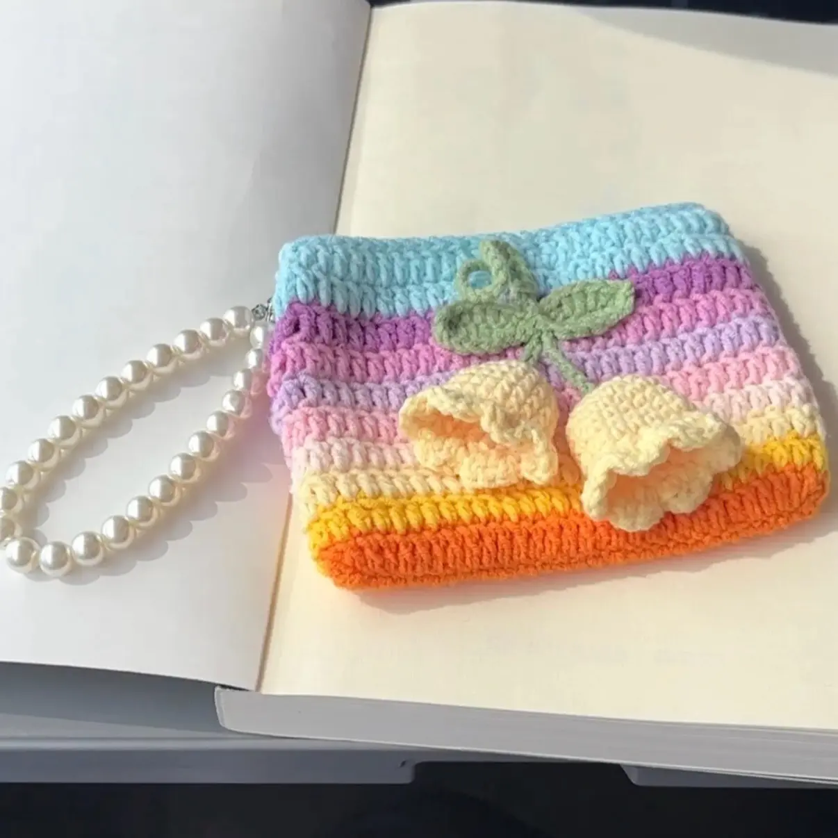 Crochet Wallet with Pearl Chain and Lily Flower – Handmade Zipper Purse - Handmade Gift - Card Holder - Women's Accessories