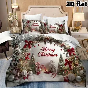 2D Flat 3Pcs Merry Christmas Bedding Festive Holiday Duvet Cover with Pillowcases Winter Snow Scene Decorative Bedding Red Bow Candy Cane Printed Microfiber Bedroom Decor Xmas Gift Bedding Collection for Home Christmas Decoration